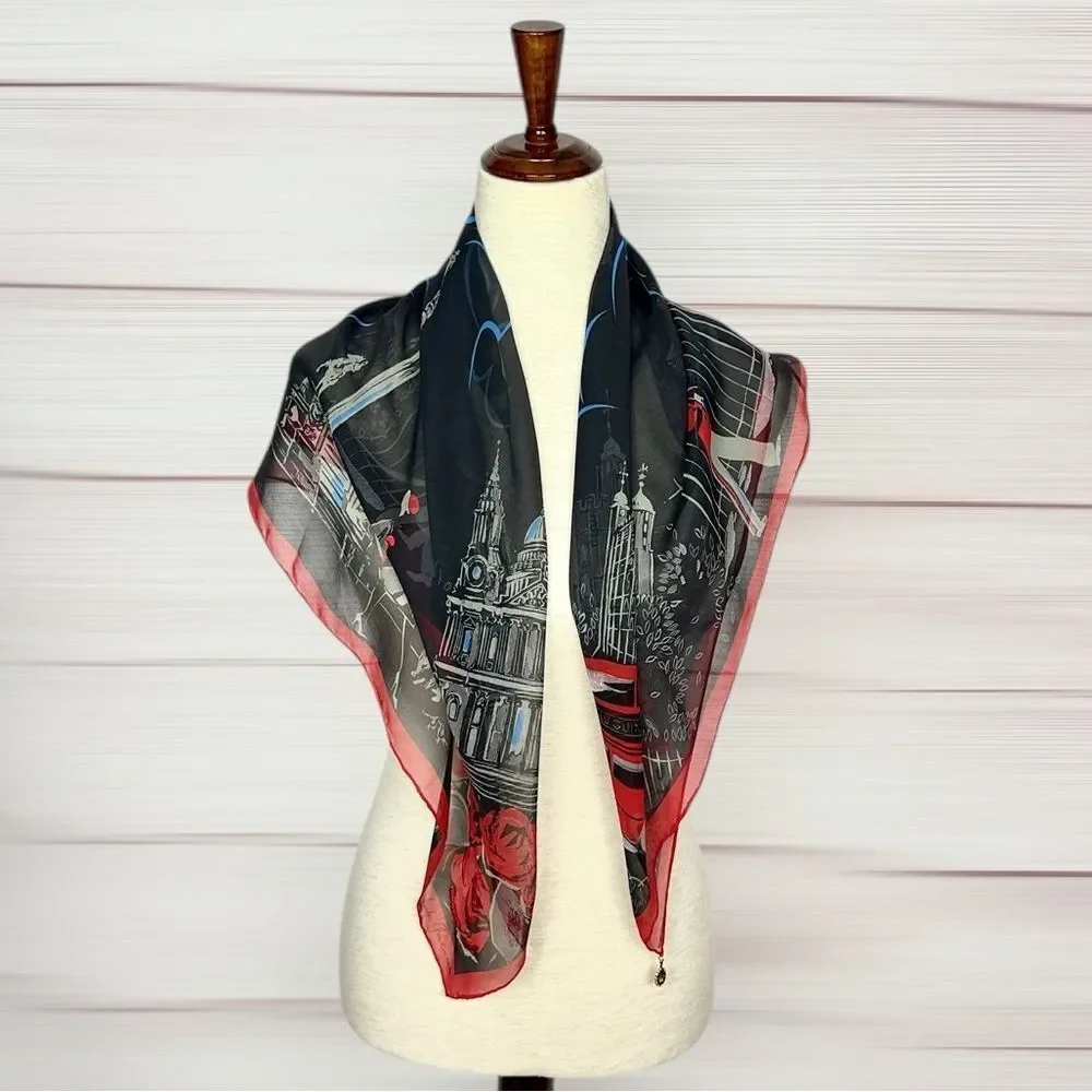 Lulu Guinness Silk Chiffon Scarf London Conture Themed Black Red Sheer 33x33